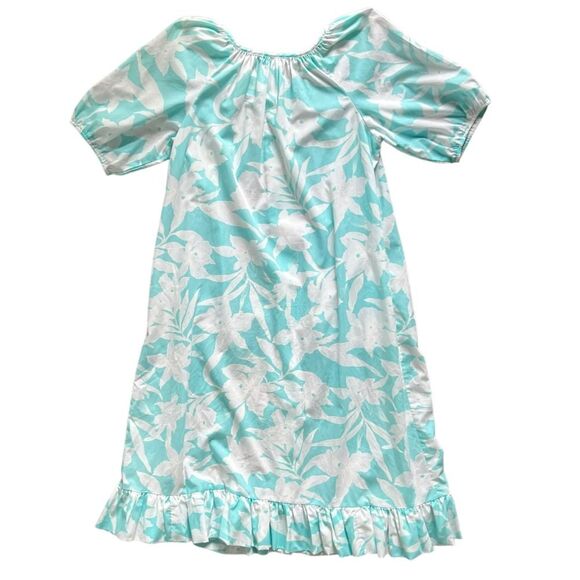 Hilo Hattie Vtg Floral Puff Short Sleeve Ruffle Hem Midi Dress Blue White size L - Picture 2 of 8